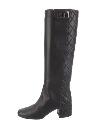 Pre-owned Chanel Quilted Pattern Leather Riding Boots In Black