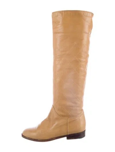Pre-owned Chanel Quilted Pattern Leather Riding Boots In Neutral