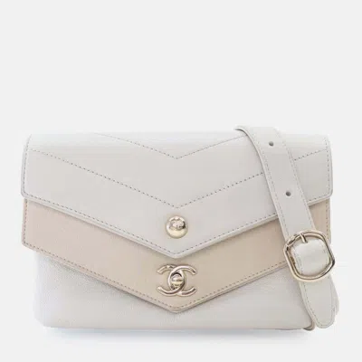 Pre-owned Chanel Quilted Sheepskin Double Chevron Belt Bag In White