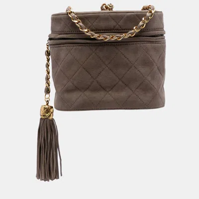 Pre-owned Chanel Quilted Suede Tassel Vanity Bag In Brown