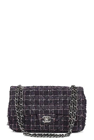 Pre-owned Chanel Quilted Tweed Chain Double Flap Shoulder Bag In Navy