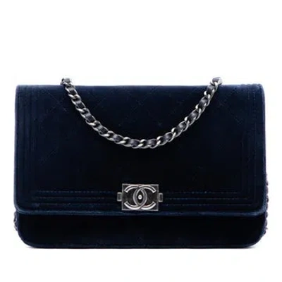 Pre-owned Chanel Quilted Velvet Boy Wallet On Chain In Blue