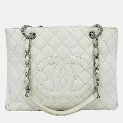 Pre-owned Chanel Quilted White Caviar Grand Shopper Tote