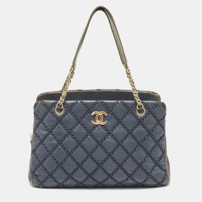 Pre-owned Chanel Quilted Wild Stitched Leather Chain Tote In Blue