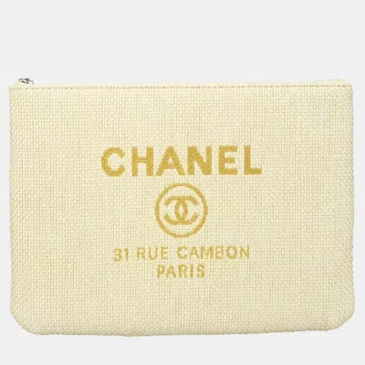 Pre-owned Chanel Raffia Deauville O Case Clutch Bag In Yellow