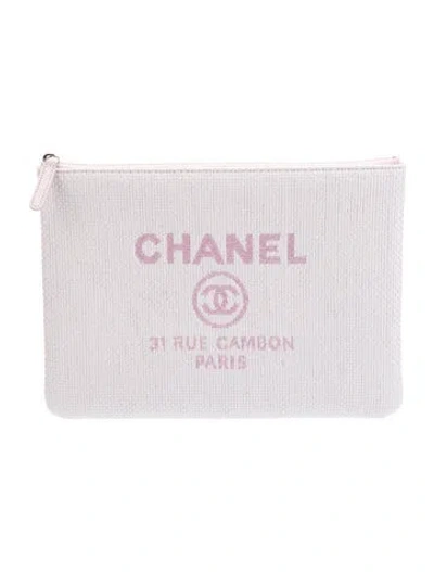 Pre-owned Chanel Raffia Large Deauville Pouch In Pink