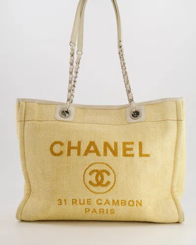 Pre-owned Chanel Raffia Small Deauville Tote Bag With Silver Hardware In Yellow