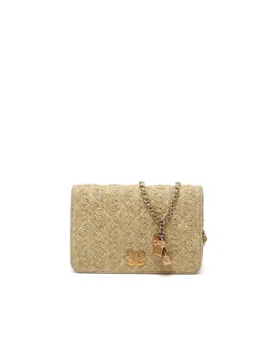 Pre-owned Chanel Raffia Wallet On Chain Bag In Sand