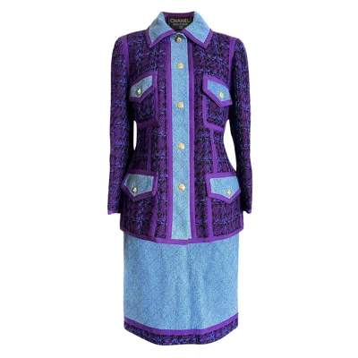 Pre-owned Chanel Rare 1991 Supermodels Tweed And Denim Suit 44 Fr In Purple