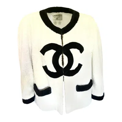 Pre-owned Chanel Rare 1992  Terrycloth Terry Cloth Cc Ecru Ivory Runway Logo Jacket In White