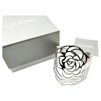 Pre-owned Chanel Rare 925 Solid Silver Camellia Cutout Bangle Cuff Bracelet In Multi
