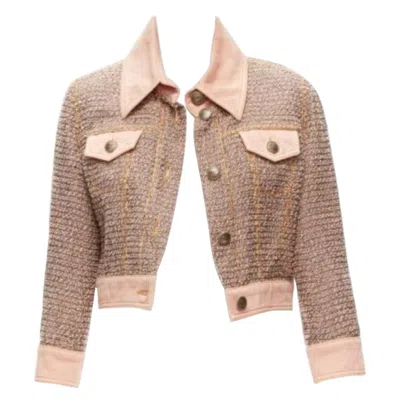 Pre-owned Chanel Rare  2018 Runway Pink Denim Trim Tweed Cc Button Cropped Jacket Fr36 S