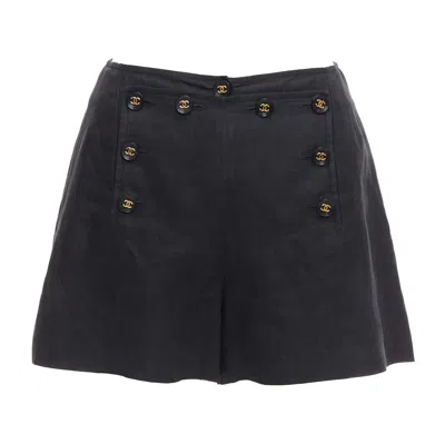 Pre-owned Chanel Rare  94p Vintage Black Linen Gold Cc Logo Buttons Sailor Shorts Fr36 S