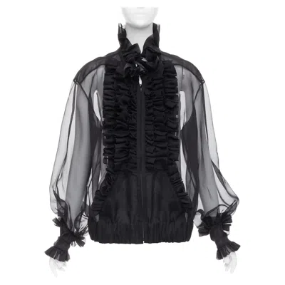 Pre-owned Chanel Rare  Black Sheer Silk Victorian Ruffle Collar Zip Up Bomber Jacket