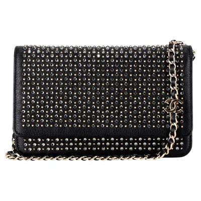 Pre-owned Chanel Rare  'cc' Crystal Crystal Embellished Leather Wallet On Chain In Black