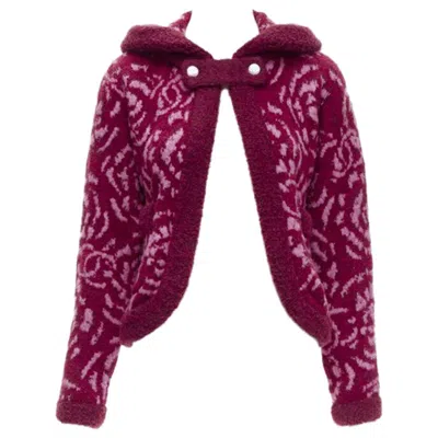 Pre-owned Chanel Rare  Red Pink Camellia Cc Wool Fluffy Boucle Trim Cardigan Jacket Fr34 Xs