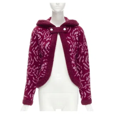Pre-owned Chanel Rare  Red Pink Camellia Cc Wool Fluffy Boucle Trim Cardigan Jacket Fr34 Xs