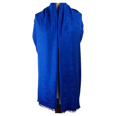 Pre-owned Chanel Rare  Royal Blue Silk Jacquard Long Scarf With Cc Logo And Camellia France