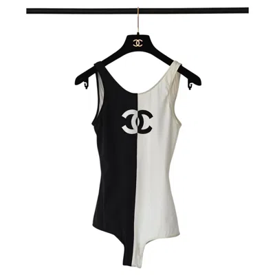Pre-owned Chanel Rare Iconic  One-piece Swimwear, Classic Fit 90s Style, Real Gem Cc Logo In Gray
