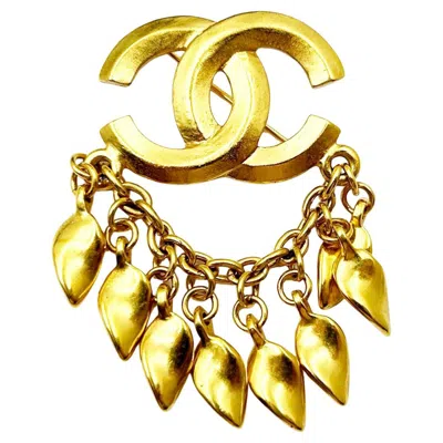 Pre-owned Chanel Rare Vintage Gold Plated Cc Dangling Leaves Brooch In Multi