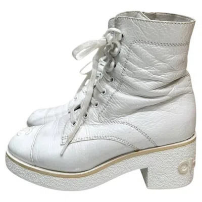 Pre-owned Chanel 'ready Steady' White Leather Lace-up Boots 37.5