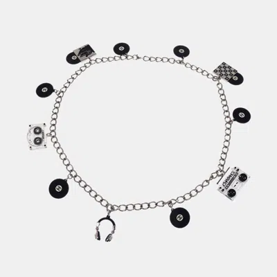 Pre-owned Chanel Record Cassette Tape 04p Silver Plated Acrylic Rhinestone Chain Belt