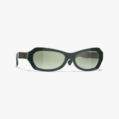 Chanel Rectangle Sunglasses In Dark Green & Green 