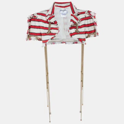 Pre-owned Chanel Red & Off White Tweed Cc Logo Chain Detail Frayed Cropped Jacket M