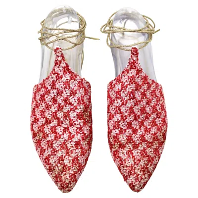 Pre-owned Chanel Red & Pink Tweed Sequins Babouche Ankle Wrap Flat Mules