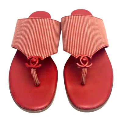 Pre-owned Chanel Red And White Stripe Canvas Sandals