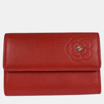 Pre-owned Chanel Red Calfskin Camellia Coin Purse Wallet