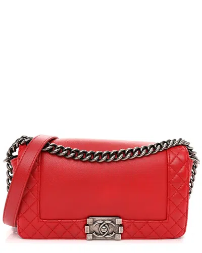 Pre-owned Chanel Red Calfskin Leather Medium Boy Reverso Flap (authentic Pre-loved)