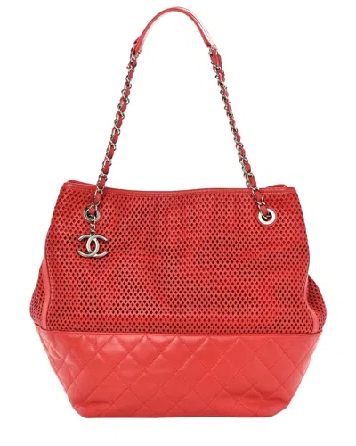 Pre-owned Chanel Red Calfskin Leather Perforated Up In The Air North South Tote  (authentic Pre-loved)