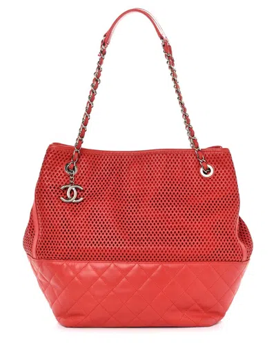 Pre-owned Chanel Red Calfskin Leather Perforated Up In The Air North South Tote  (authentic Pre-loved)