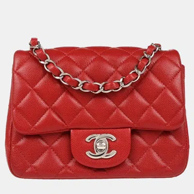 Pre-owned Chanel Red Calfskin Mini Classic Square Flap Bag