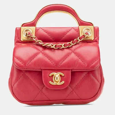Pre-owned Chanel Red Quilted Calfskin Lady Card Holder With Chain Top Handle Bag