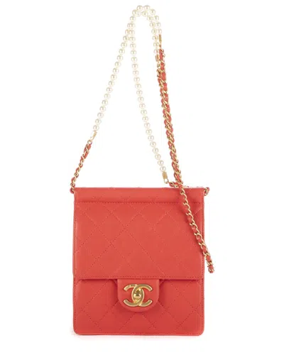 Pre-owned Chanel Red Calfskin Quilted Leather Pearl Wallet On Chain (authentic Pre-  Loved)