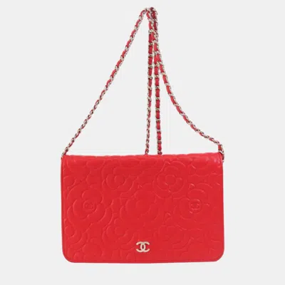 Pre-owned Chanel Red Camellia Leather Embossed Wallet On Chain