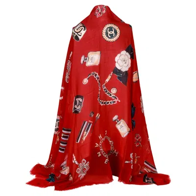 Pre-owned Chanel Red Cashmere Silk Iconic 54" Shawl