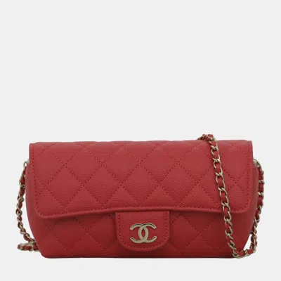 Pre-owned Chanel Red Caviar Leather Cc Glasses Case With Chain Shoulder Bag