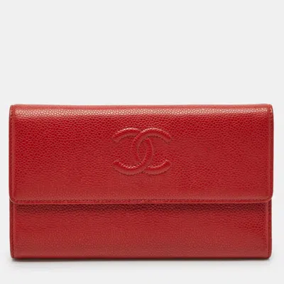 Pre-owned Chanel Red Caviar Leather Cc Timeless Flap Wallet