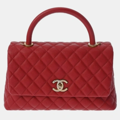 Pre-owned Chanel Red Caviar Leather Coco Top Handle Bag