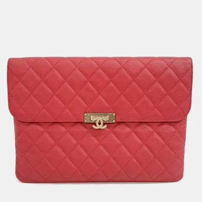 Pre-owned Chanel Red Caviar Leather Flap Clutch New Medium