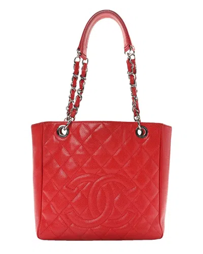 Pre-owned Chanel Red Caviar Leather Quilted Petit Shopping Tote Pst (authentic Pre-  Loved)