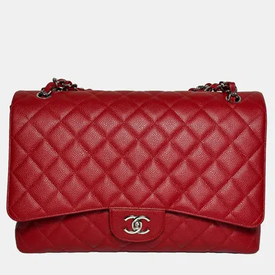Pre-owned Chanel Red Caviar Maxi Classic Flap Bag In Shw