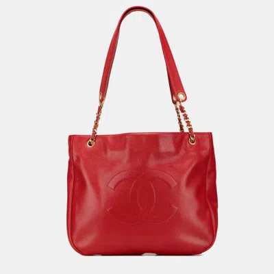 Pre-owned Chanel Red Cc Caviar Chain Tote