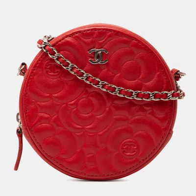 Pre-owned Chanel Red Cc Goatskin Camellia Round Clutch With Chain