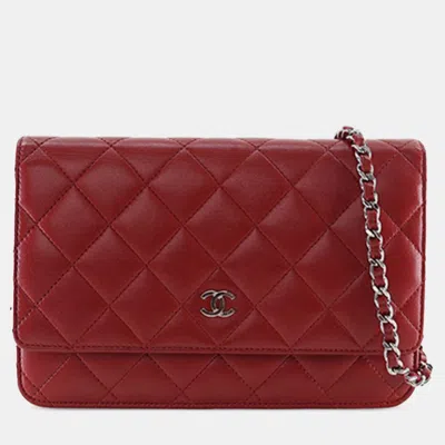 Pre-owned Chanel Red Cc Quilted Lambskin Wallet On Chain