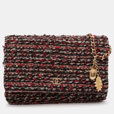 Pre-owned Chanel Red Cc Quilted Tweed Wallet On Chain
