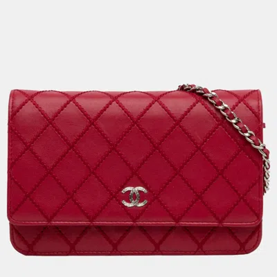 Pre-owned Chanel Red Cc Wild Stitch Wallet On Chain